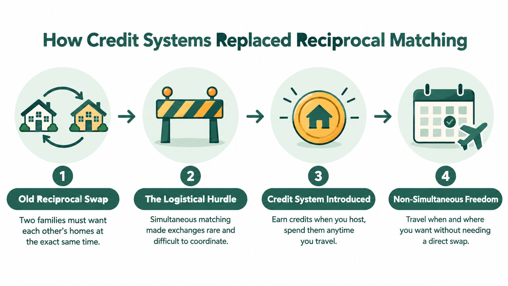 A diagram illustrating the four steps of how credit-based home exchange systems replaced older reciprocal swapping methods.
