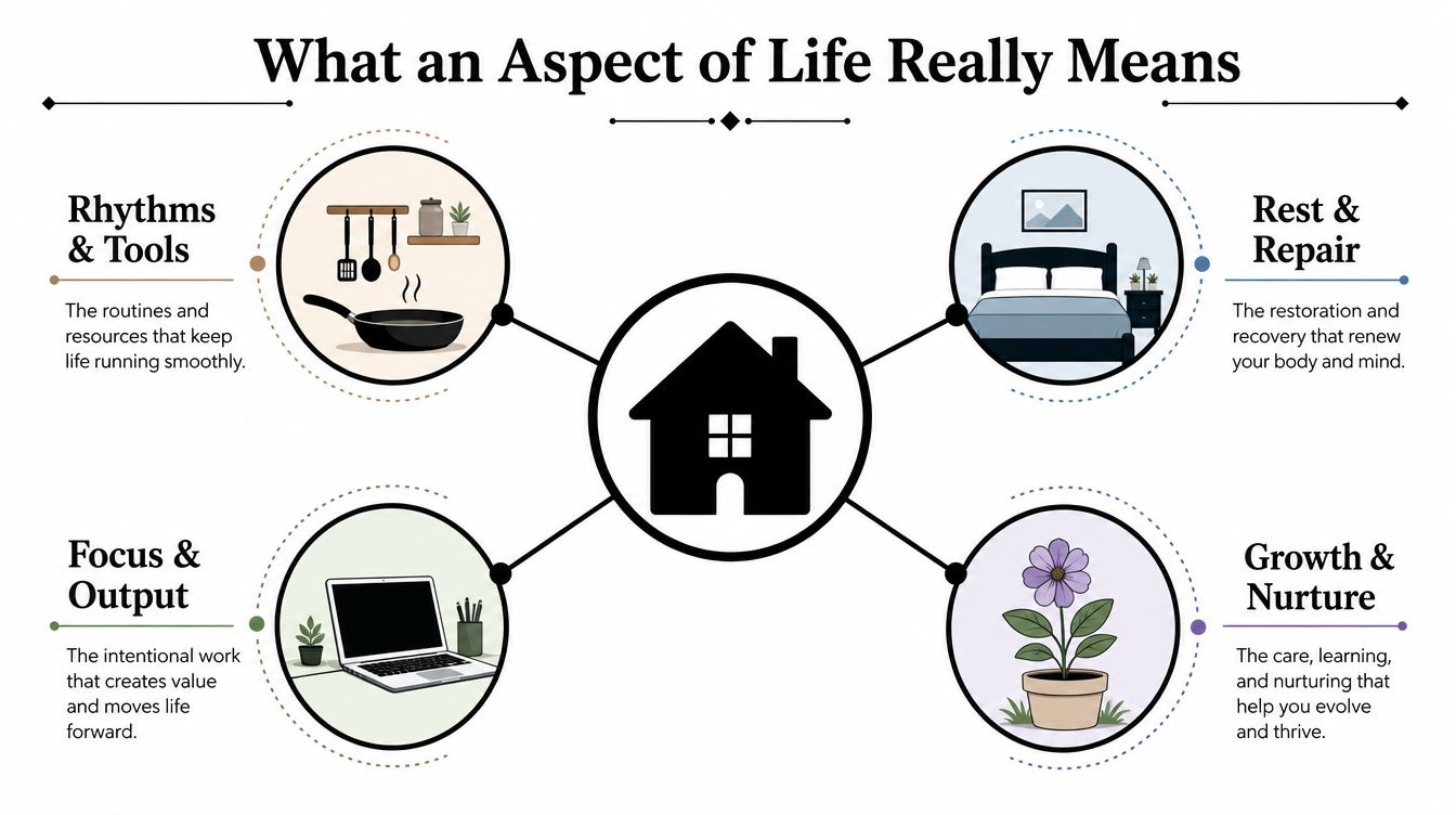 A diagram illustrating four aspects of life including rhythms, rest, focus, and growth centered around a home.