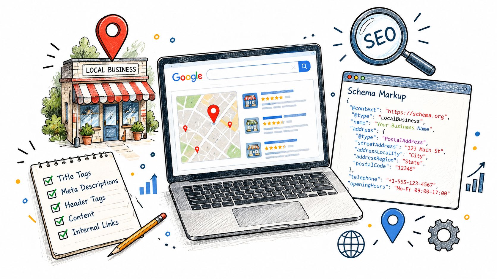 A hand-drawn illustration showing elements of local SEO, including a business storefront, search results, and schema markup code.
