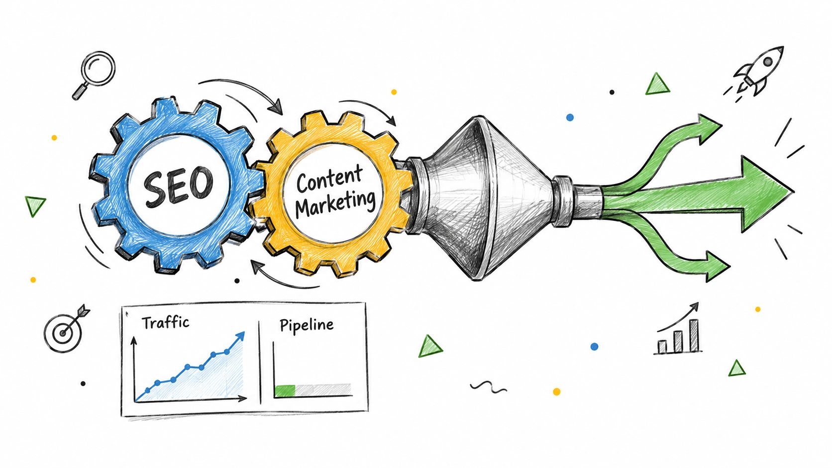 A hand-drawn illustration showing SEO and content marketing gears feeding into a funnel to create growth.