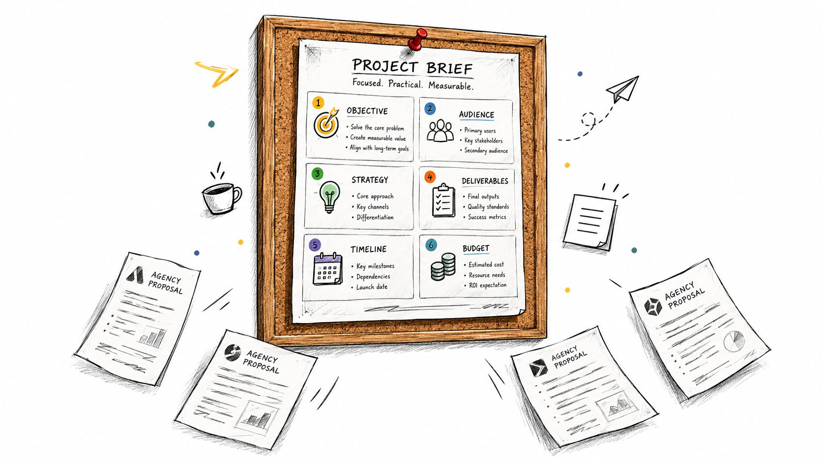 A corkboard displaying a project brief guide with six sections surrounded by multiple agency proposal documents.