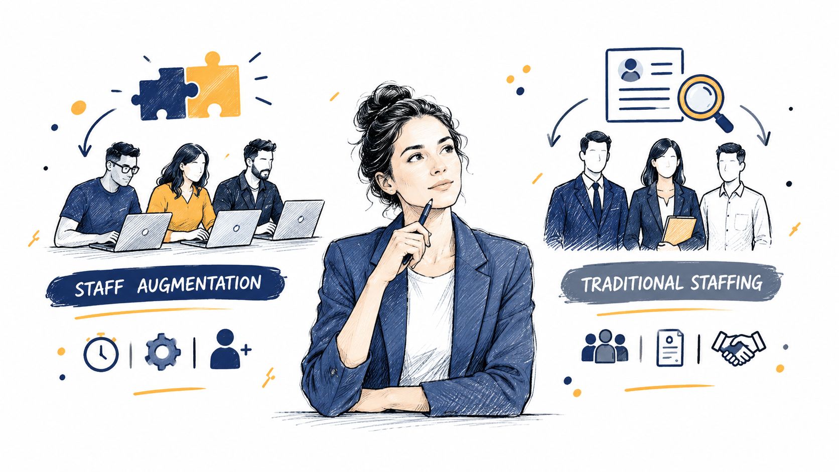 A professional woman contemplating the differences between staff augmentation and traditional staffing models in a business setting.