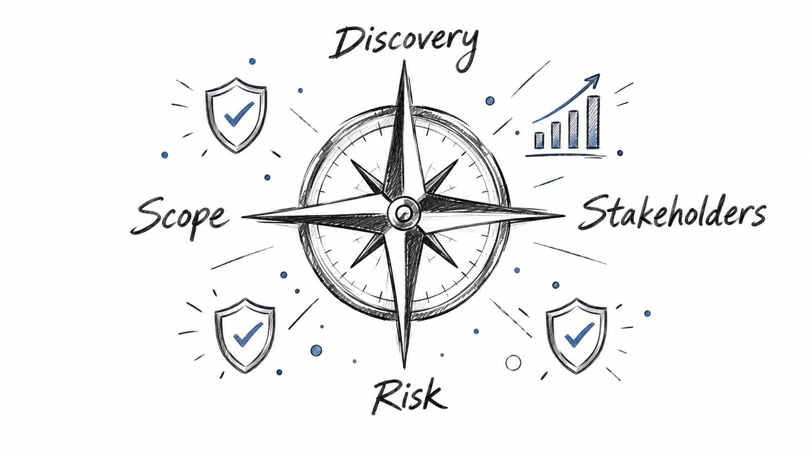 A hand-drawn compass illustration representing digital project management, showcasing key elements like scope, stakeholders, discovery, and risk.