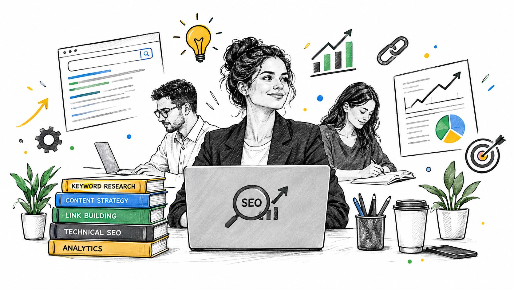 A professional team working on SEO strategy with digital marketing icons and a stack of books