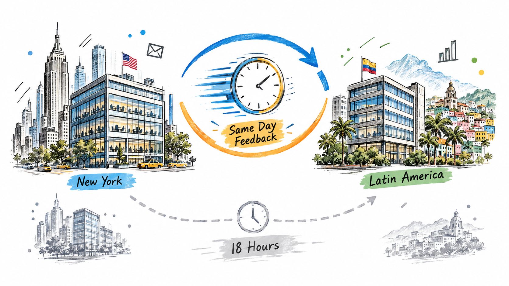 Conceptual illustration showing efficient cross-border business communication between New York and Latin America with 18-hour feedback.
