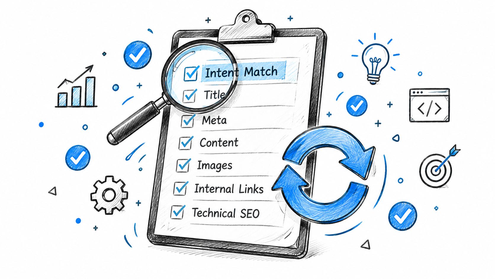 A checklist on a clipboard with SEO factors being analyzed by a magnifying glass and icons.