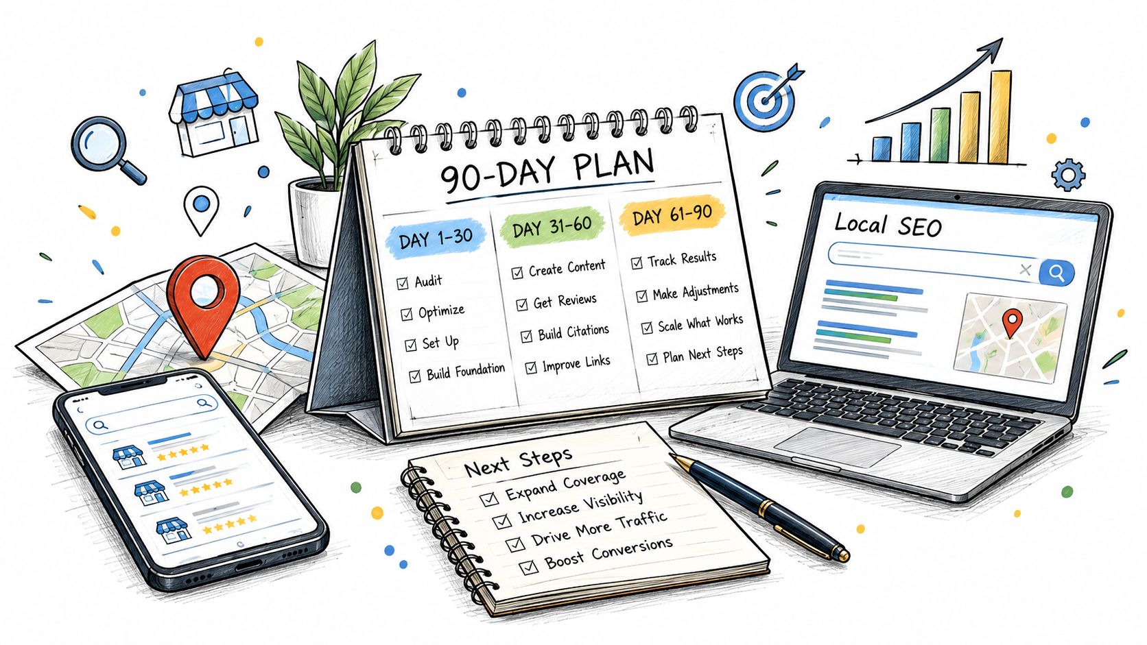 A 90-day plan calendar for local SEO strategy on a desk with a laptop and smartphone.