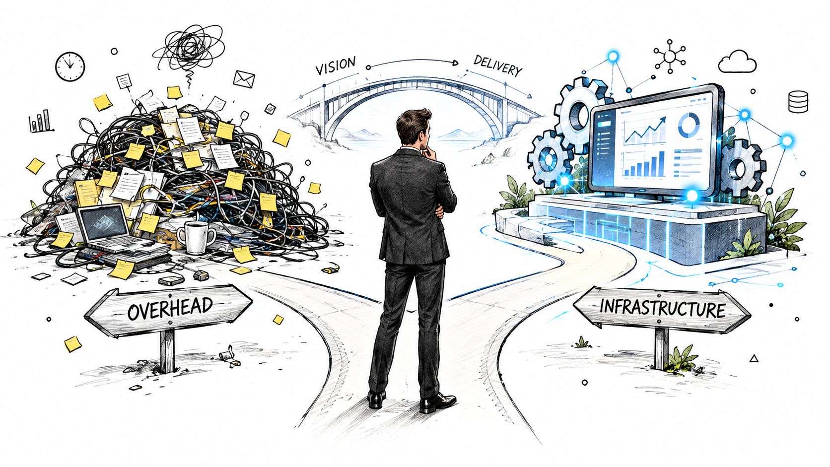 A businessman standing at a crossroads choosing between cluttered overhead office chaos and streamlined digital infrastructure.