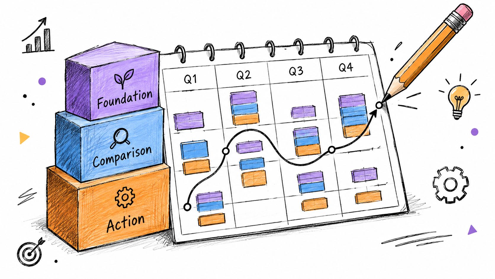 A hand-drawn infographic depicting a strategic roadmap with three stages: Foundation, Comparison, and Action over four quarters.