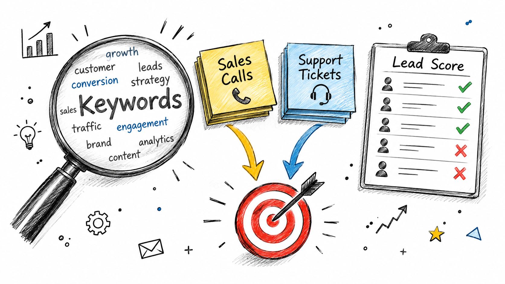 A hand-drawn illustration showing a magnifying glass, sales calls, support tickets, and lead scores hitting a target.
