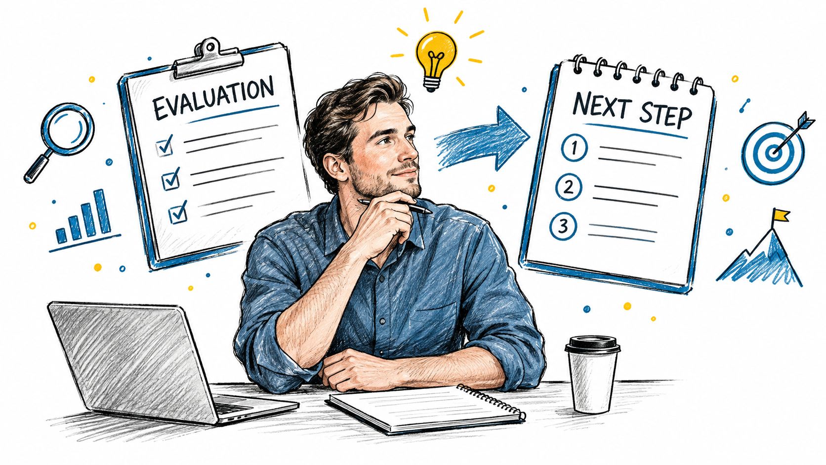 A professional man at a desk contemplating business evaluation notes and planning future steps with a laptop.