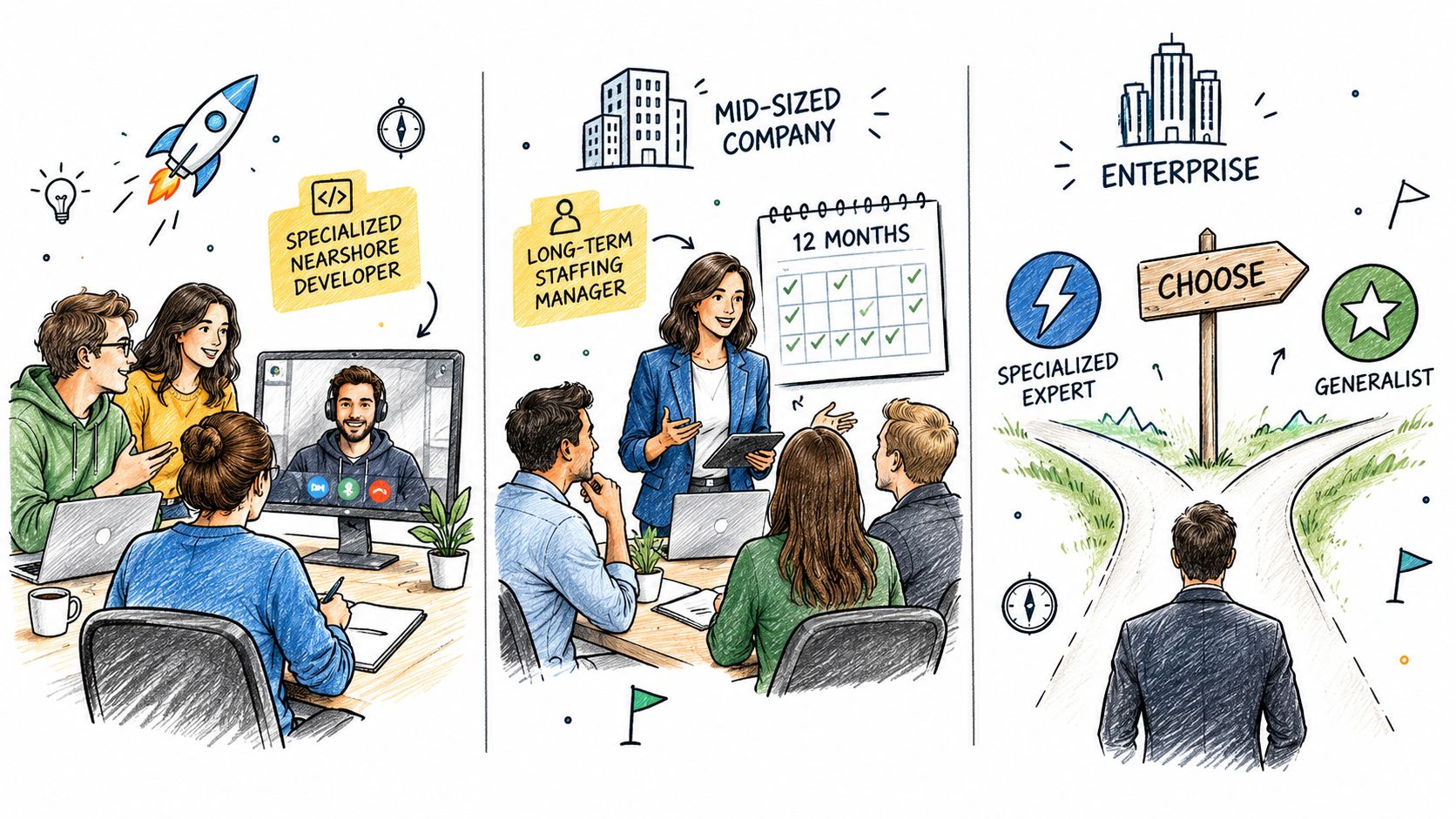 An illustration showing three business scenarios for hiring specialized developers, long-term staffing, and enterprise consulting decisions.