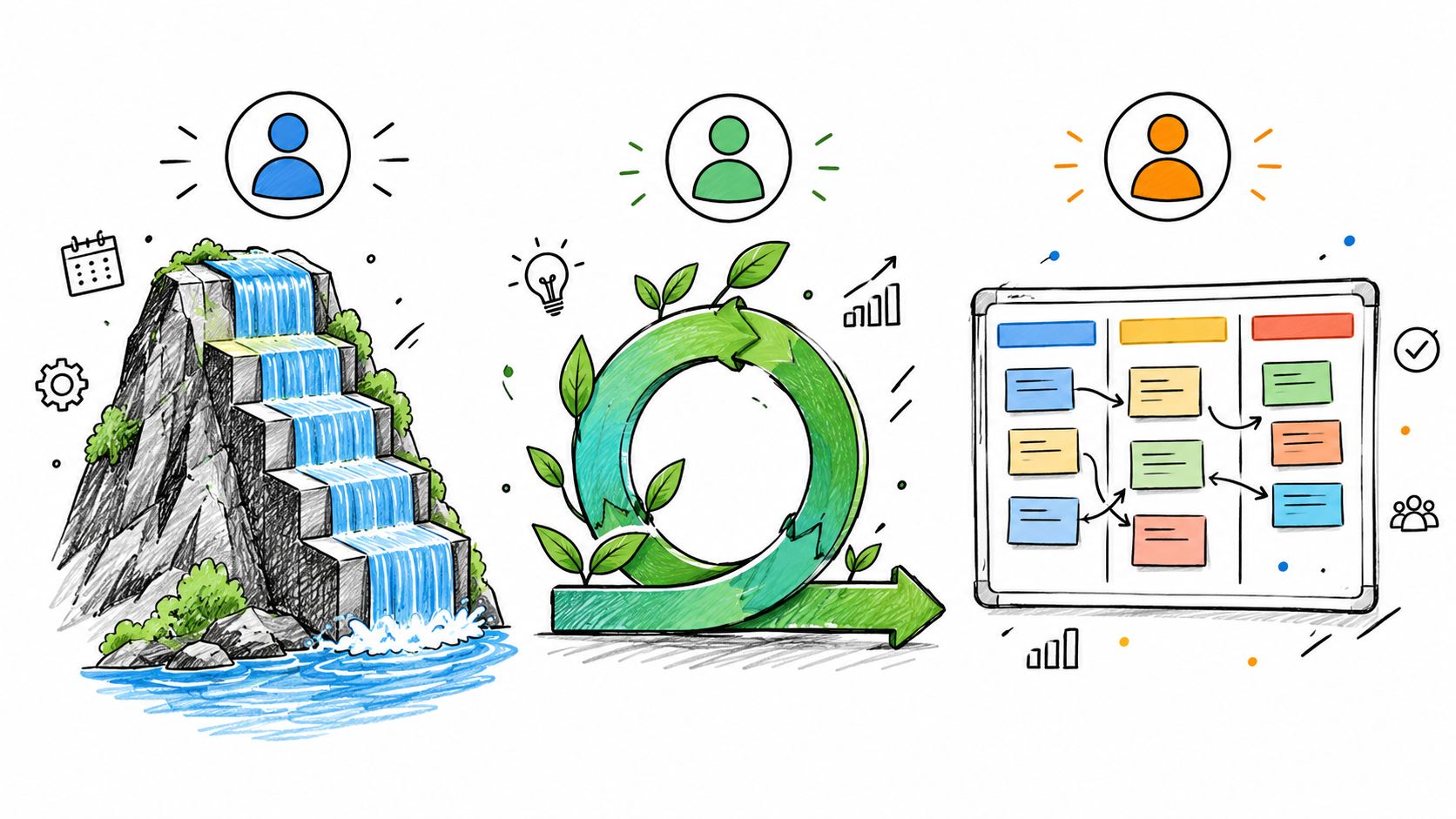 An illustration showing three project management methodologies: Waterfall, Agile, and Kanban represented by colorful hand-drawn icons.