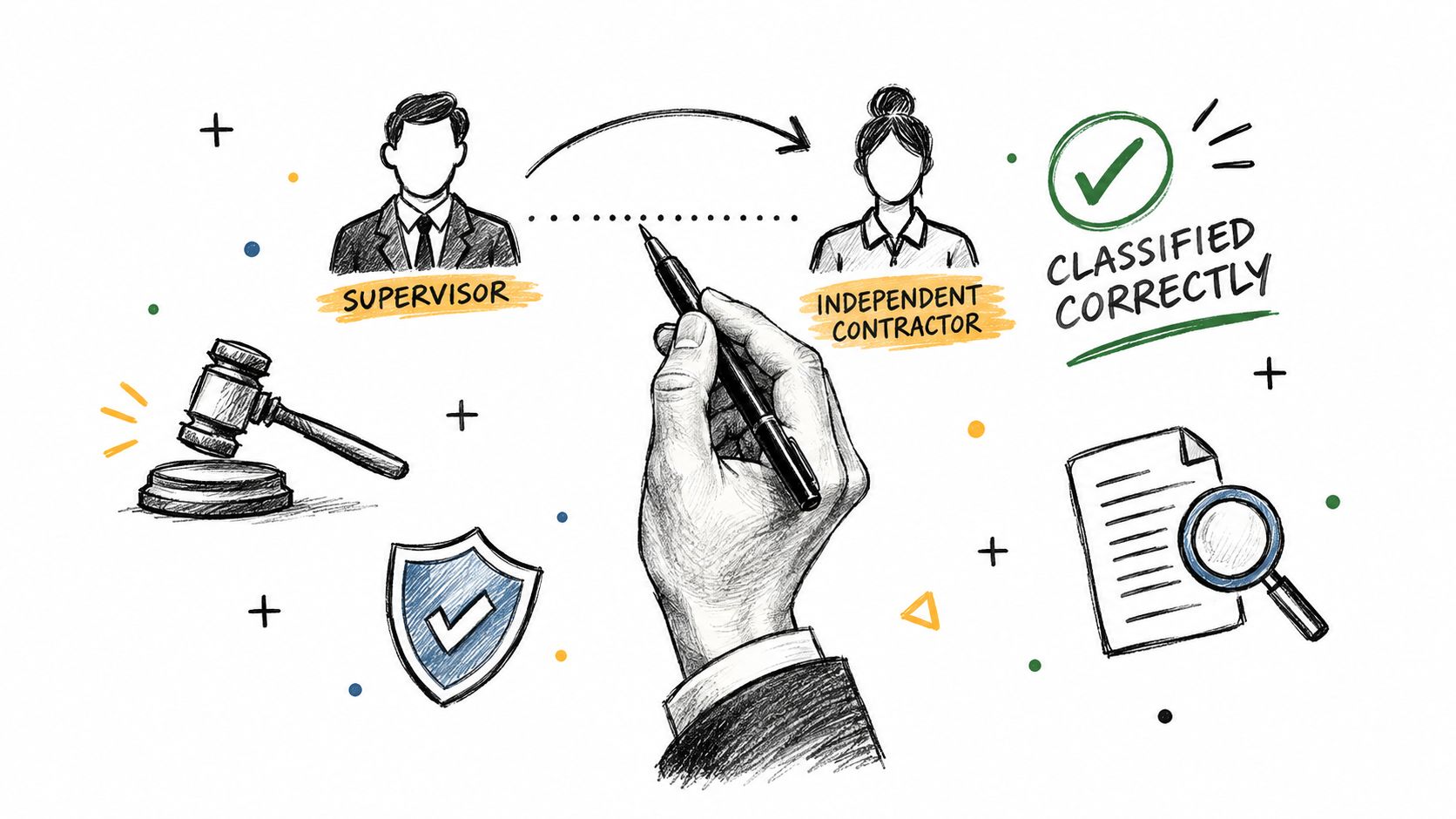 A hand holding a pen connecting a supervisor and an independent contractor with a classified correctly stamp.