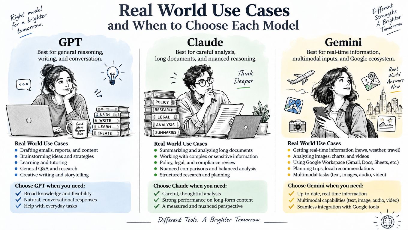 An infographic comparing the real world use cases and strengths of GPT, Claude, and Gemini AI models.