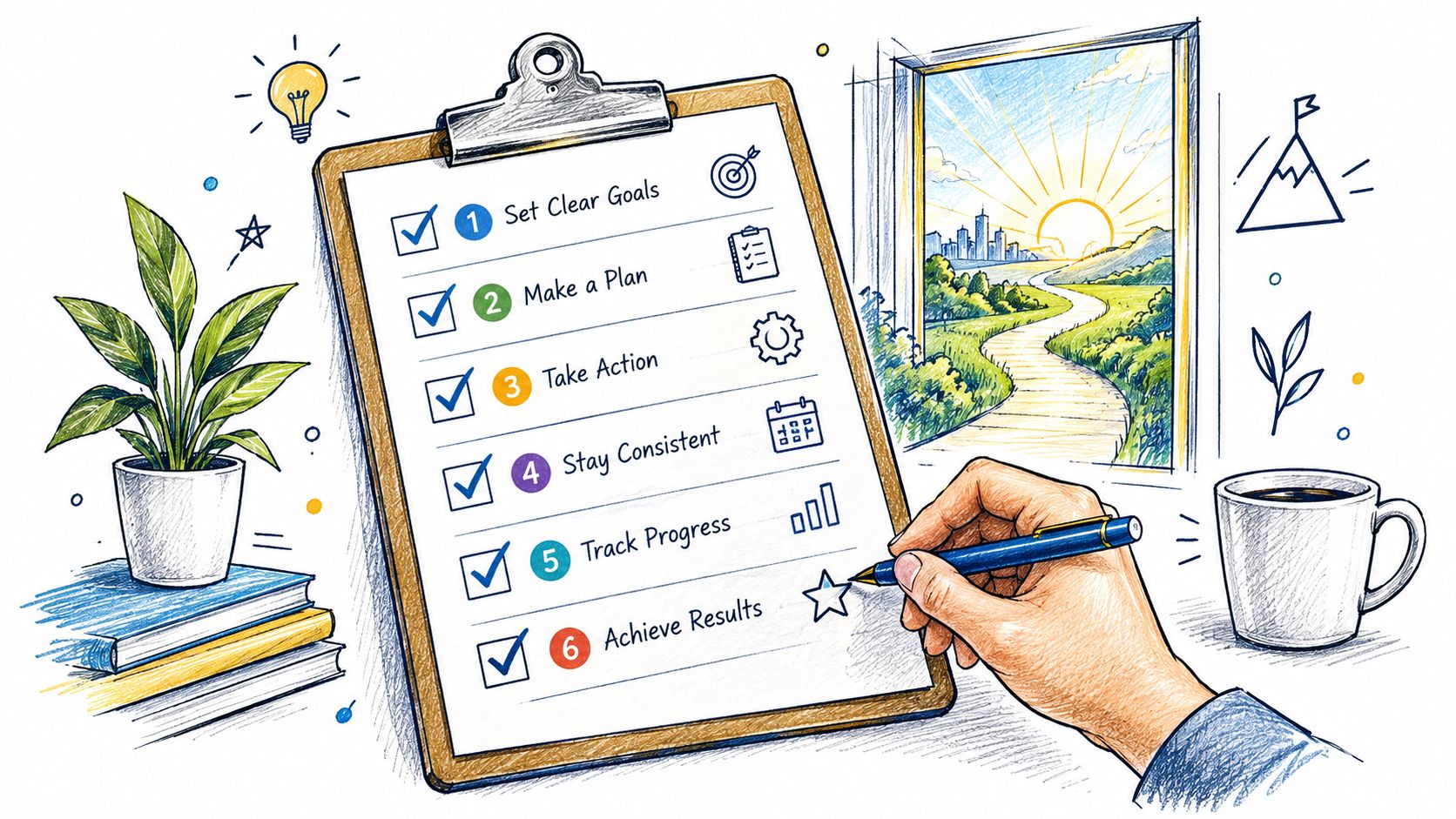 A hand checking off a six-step success list on a clipboard next to a desk.