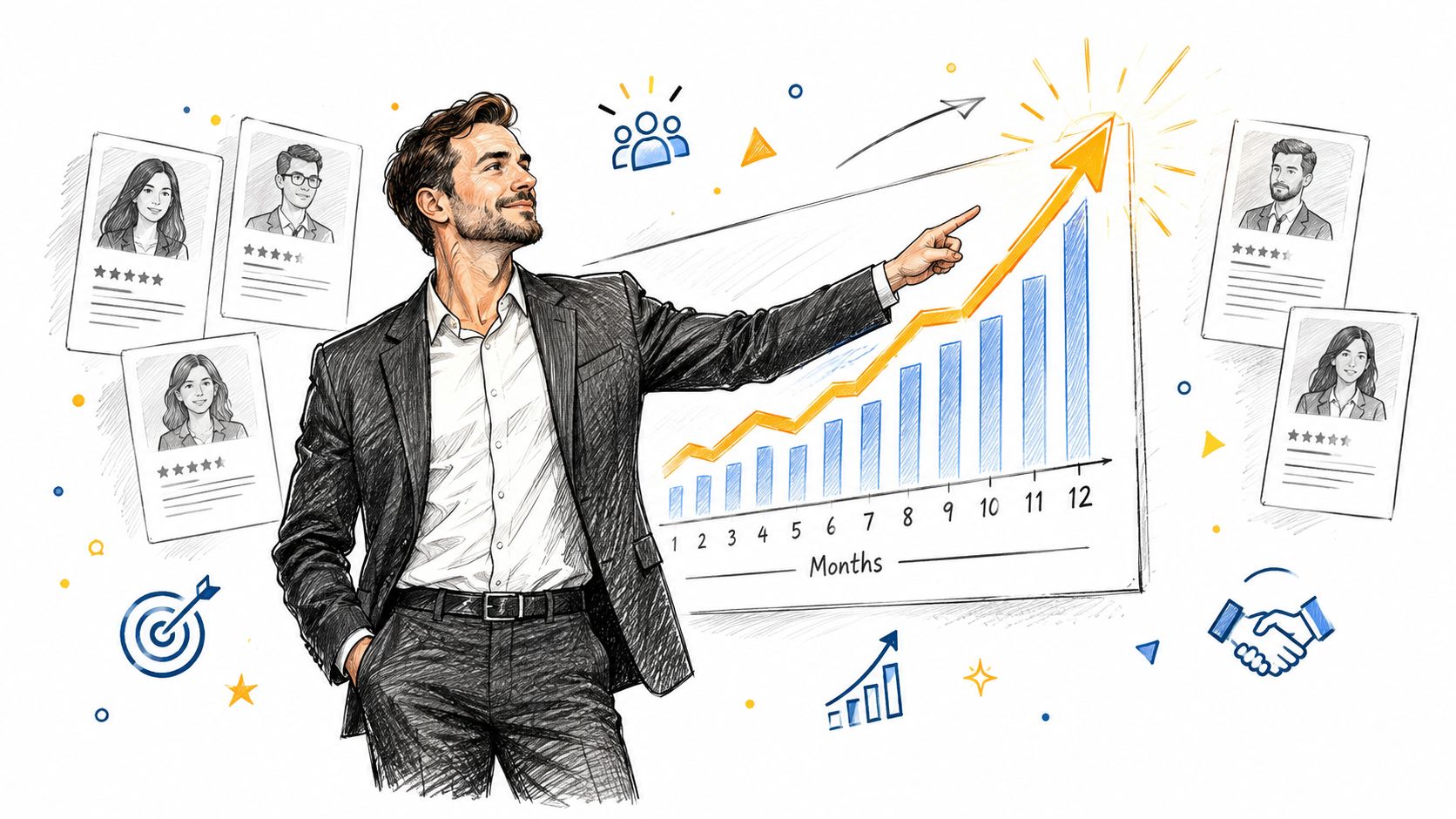 A professional man in a suit presenting a growth chart surrounded by high-rated candidate profiles.