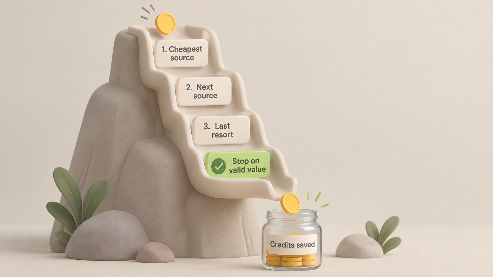 A 3D clay-style illustration showing a coin falling down steps labeled for credit saving and financial optimization.