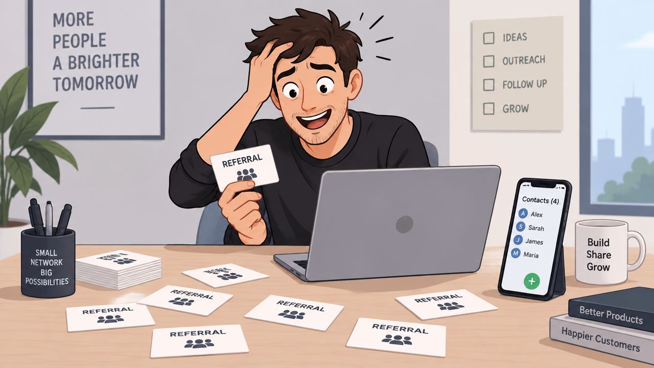 A professional man holding a referral card at his desk while looking at his laptop screen.