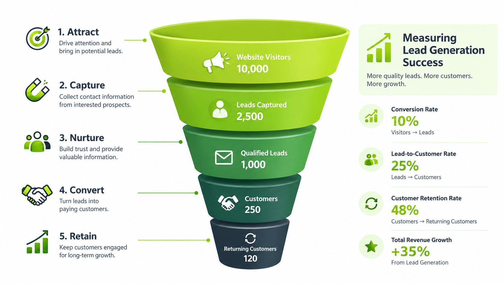 A visual marketing funnel diagram illustrating the five stages of B2B lead generation from attraction to retention.