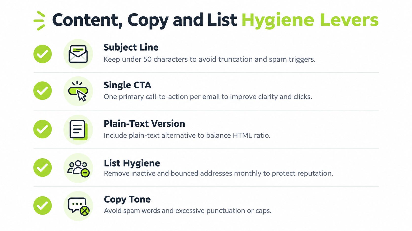 A list of five essential tips for improving email deliverability, including subject lines, CTAs, and list maintenance.