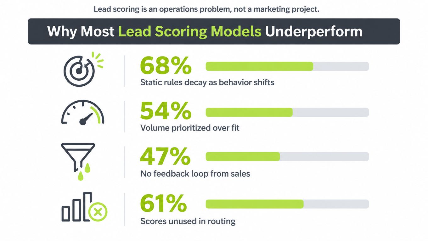 A chart illustrating four key reasons why B2B lead scoring models often underperform in modern business operations.