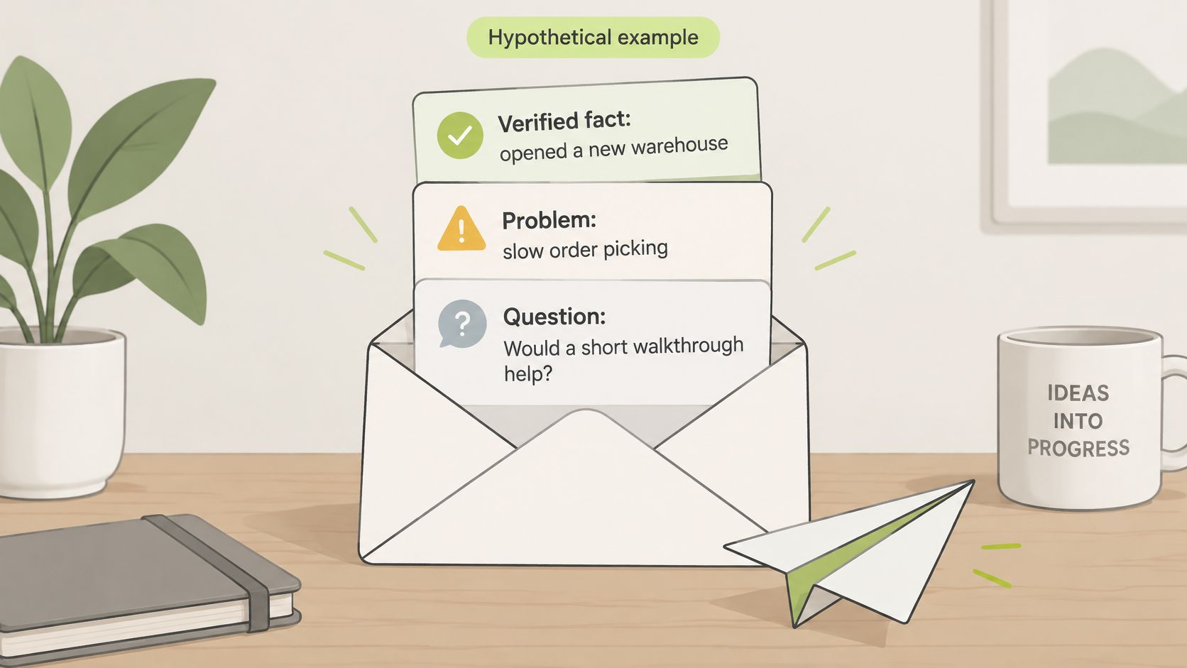 An envelope on a desk containing notes about a warehouse business problem and a potential walkthrough solution.