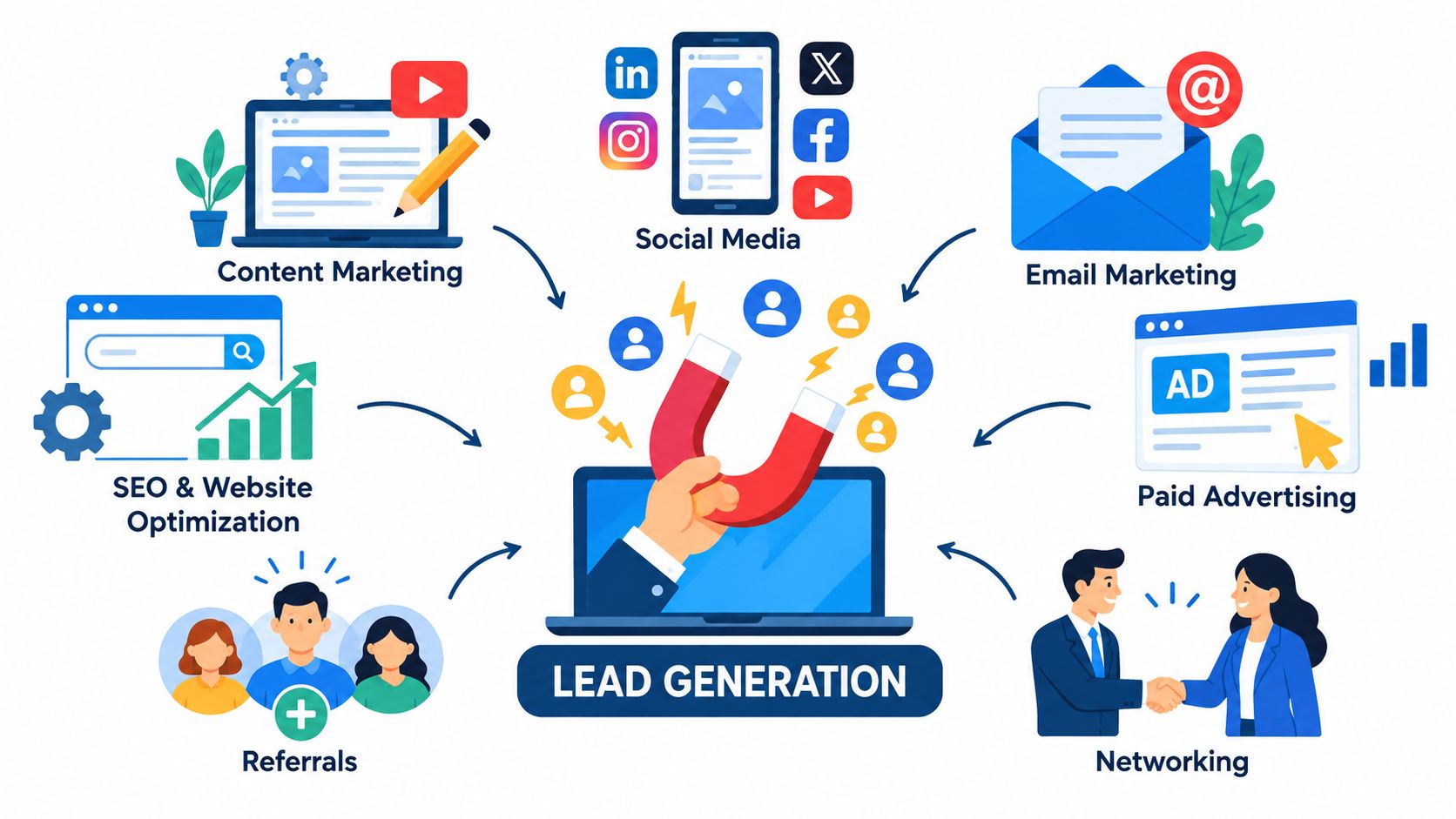 An infographic illustrating various B2B lead generation strategies, including content marketing, social media, and digital networking.