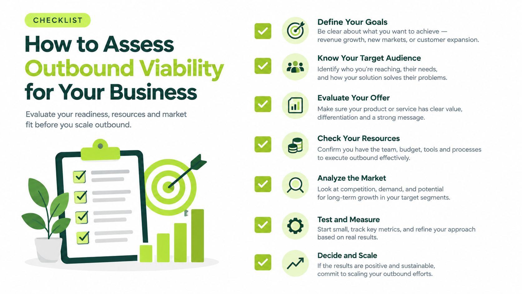 A checklist for assessing outbound business viability, featuring seven key steps to determine outbound strategy readiness.