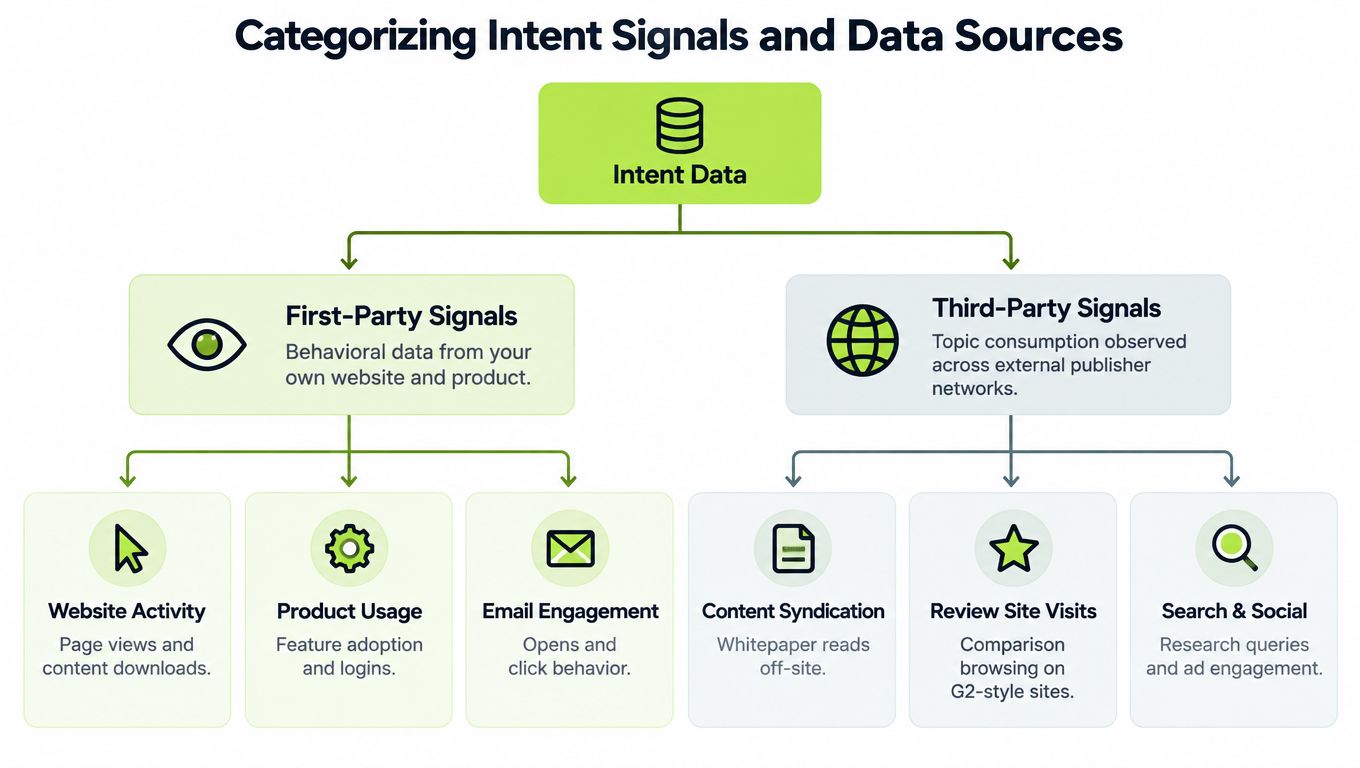 A diagram categorizing intent data into first-party signals from your own website and third-party signals from external networks.