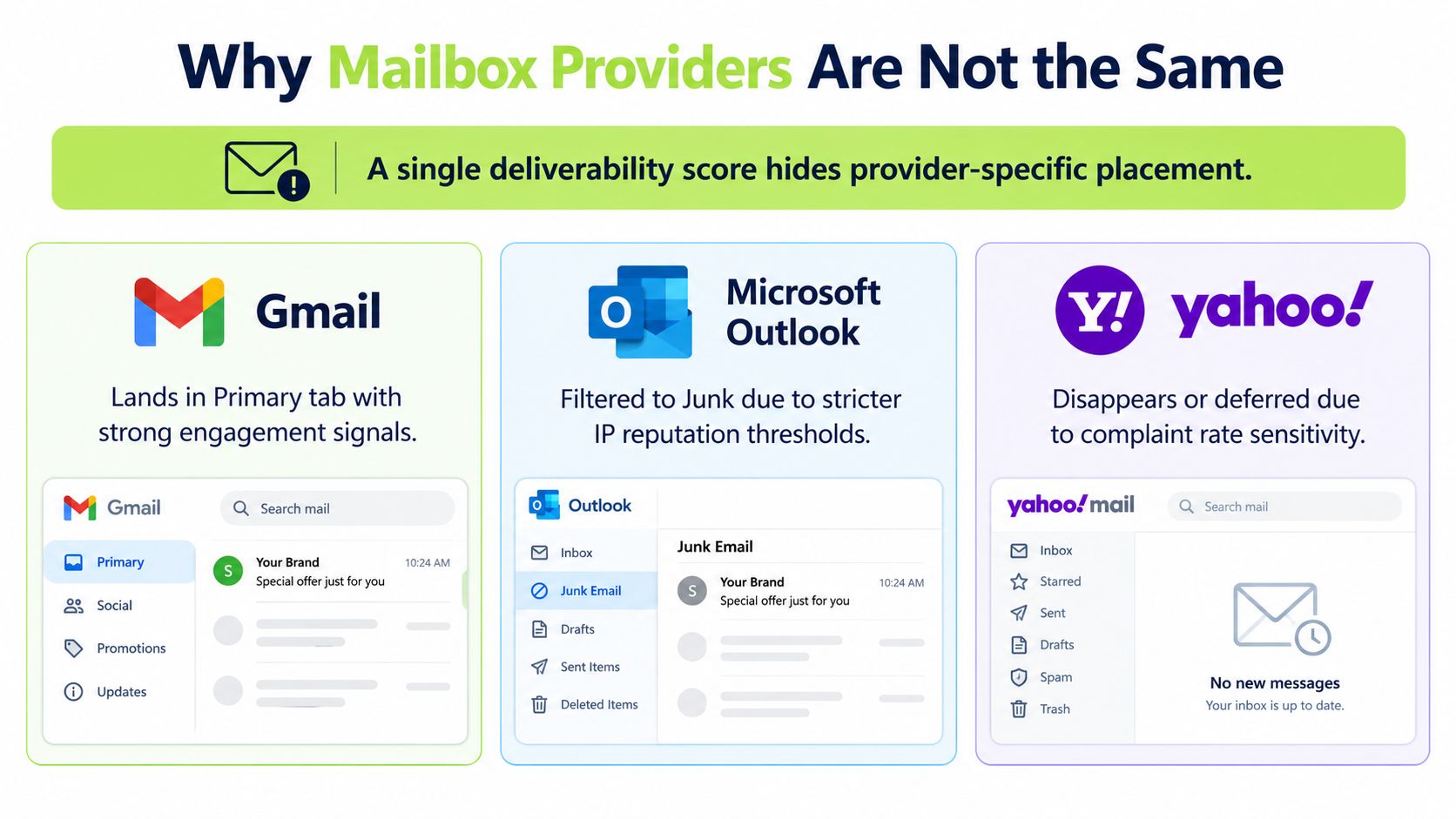 An infographic showing how email deliverability varies significantly between Gmail, Outlook, and Yahoo mailbox providers.
