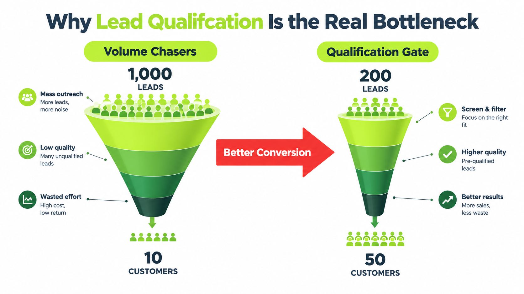 A marketing funnel infographic comparing high-volume lead strategies against a qualified sales approach for better business conversions.