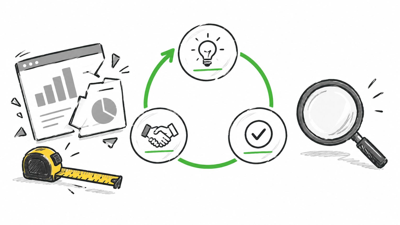 A conceptual illustration representing business operations and strategy with a lightbulb, handshake, and checklist cycle.