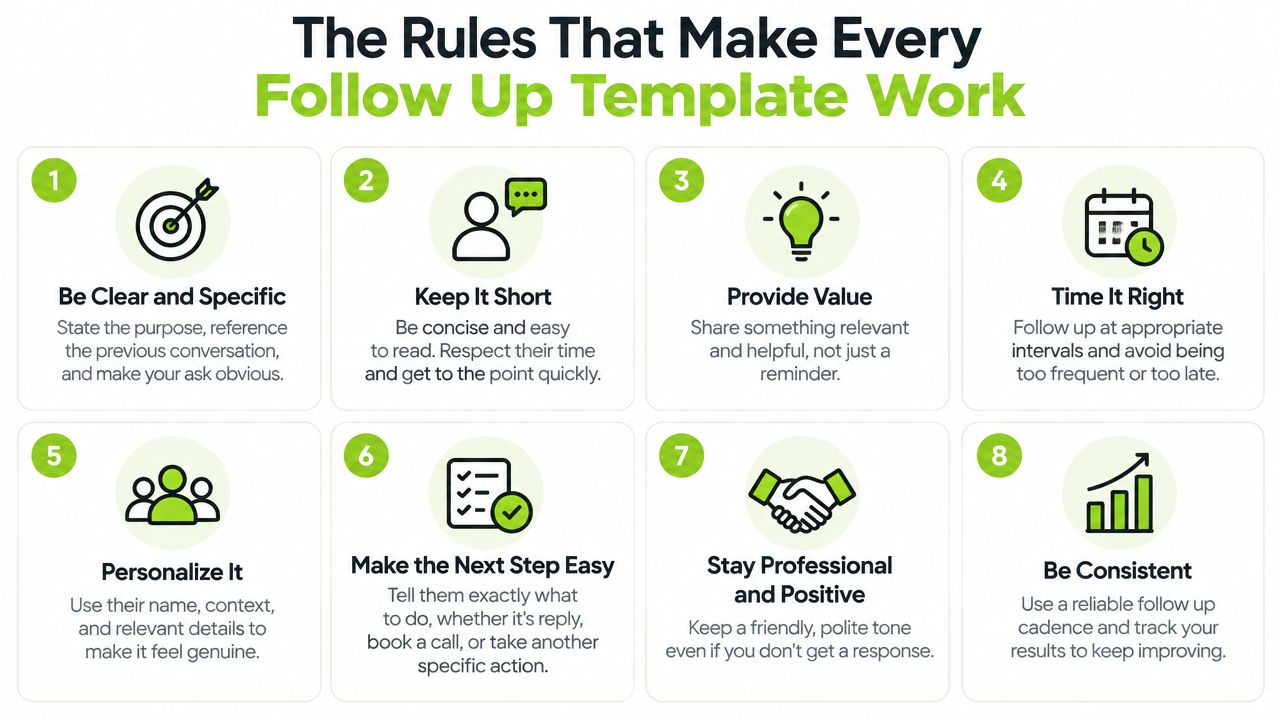 An infographic titled The Rules That Make Every Follow Up Template Work featuring eight numbered advice points.