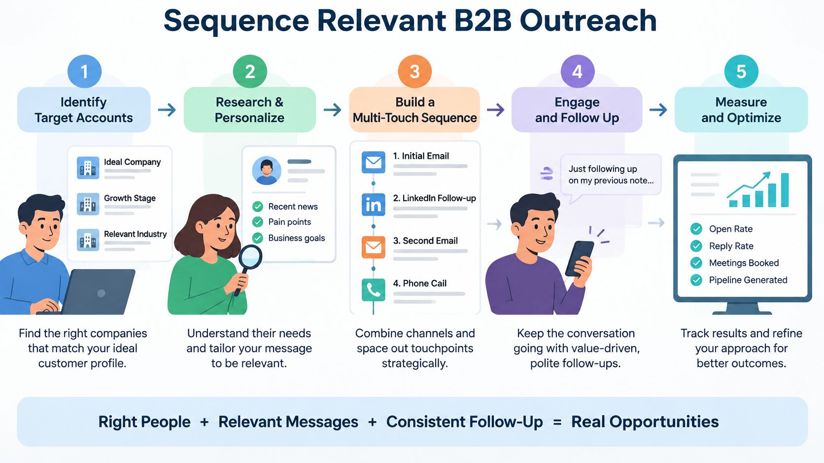 A five-step infographic illustrating a strategic B2B outreach sequence for lead generation and business growth.