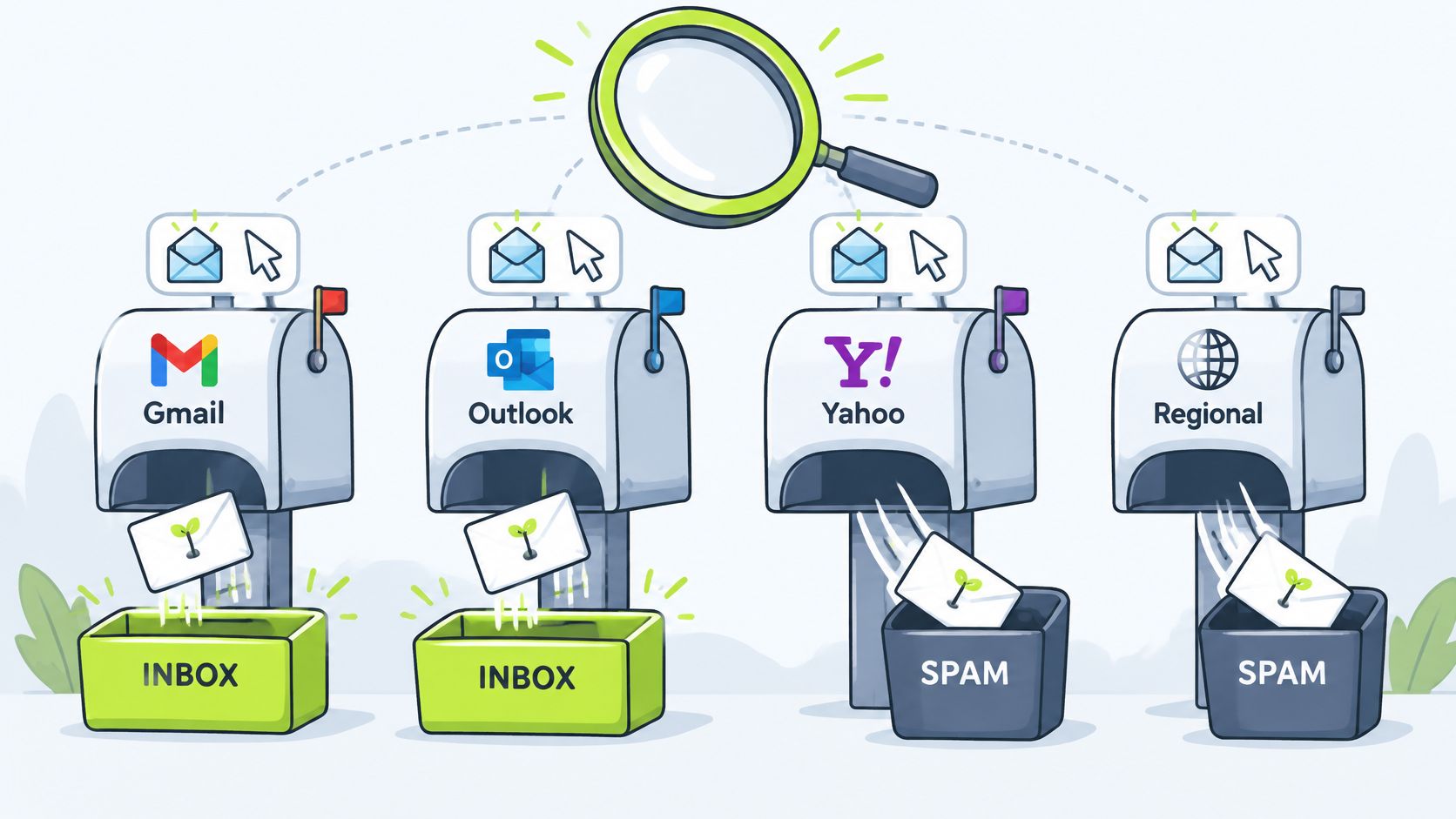 A digital illustration showing email deliverability audit of mailboxes like Gmail, Outlook, Yahoo, and regional services.