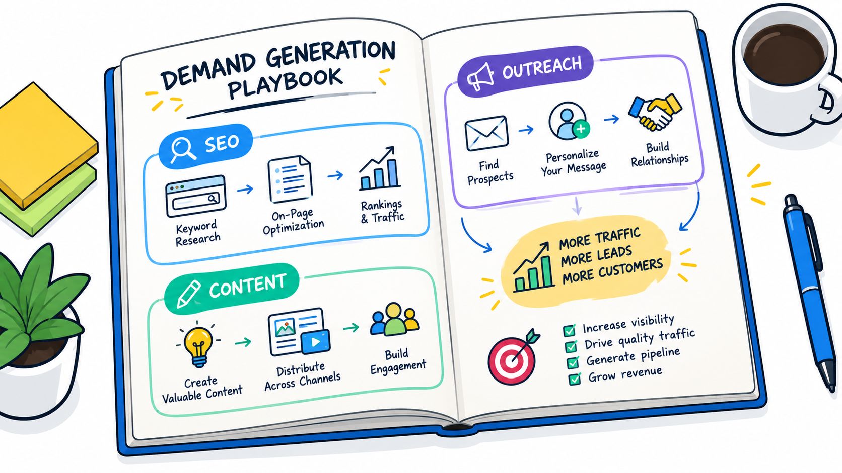 An illustrated notebook page outlining a B2B demand generation strategy involving SEO, content marketing, and outreach.