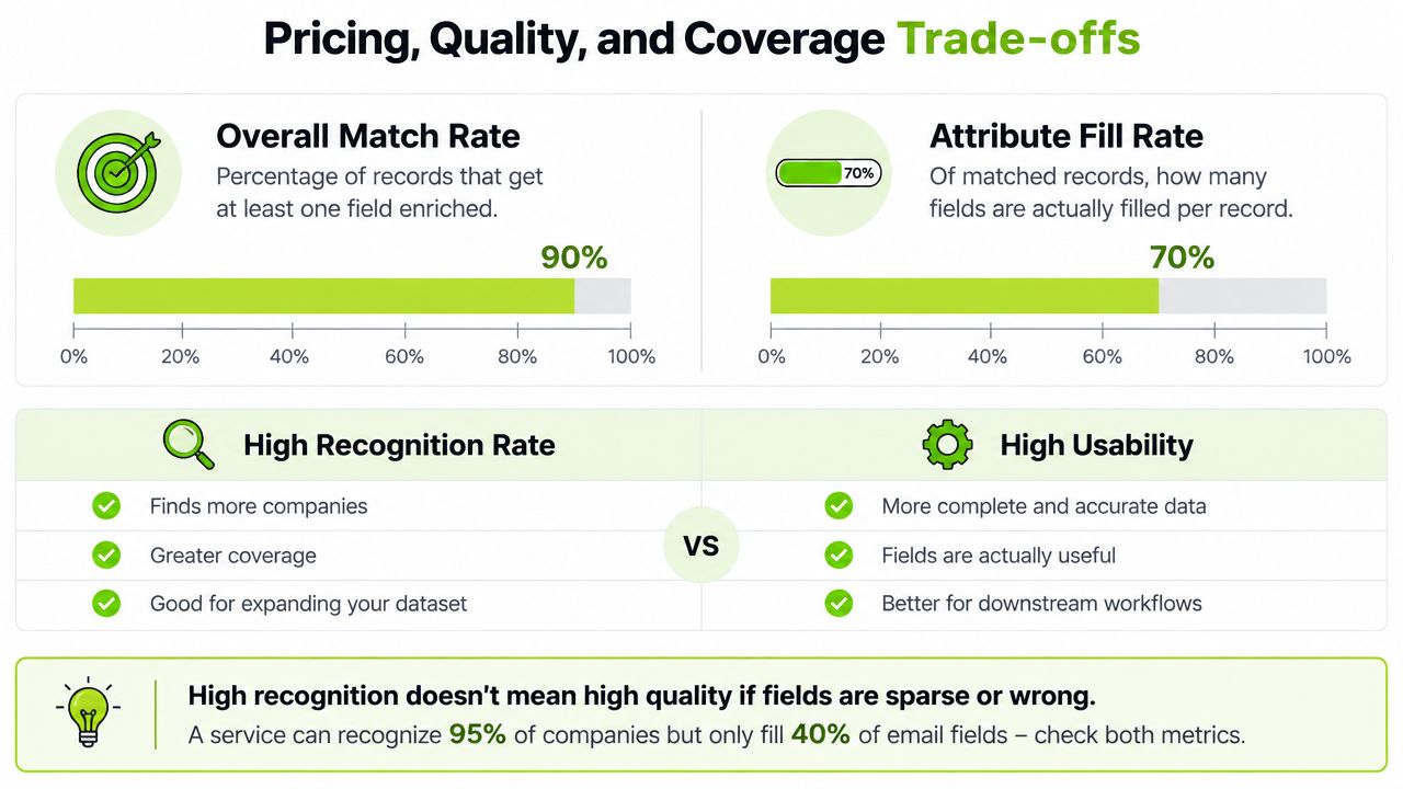 A chart comparing data enrichment metrics, highlighting the trade-offs between high overall match rates and attribute fill rates.