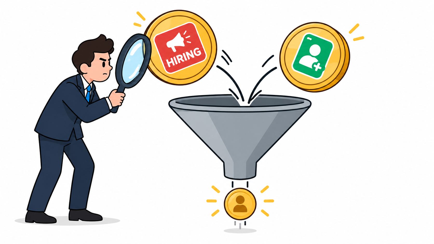 A businessman uses a magnifying glass to analyze hiring and recruitment coin icons flowing into a funnel.