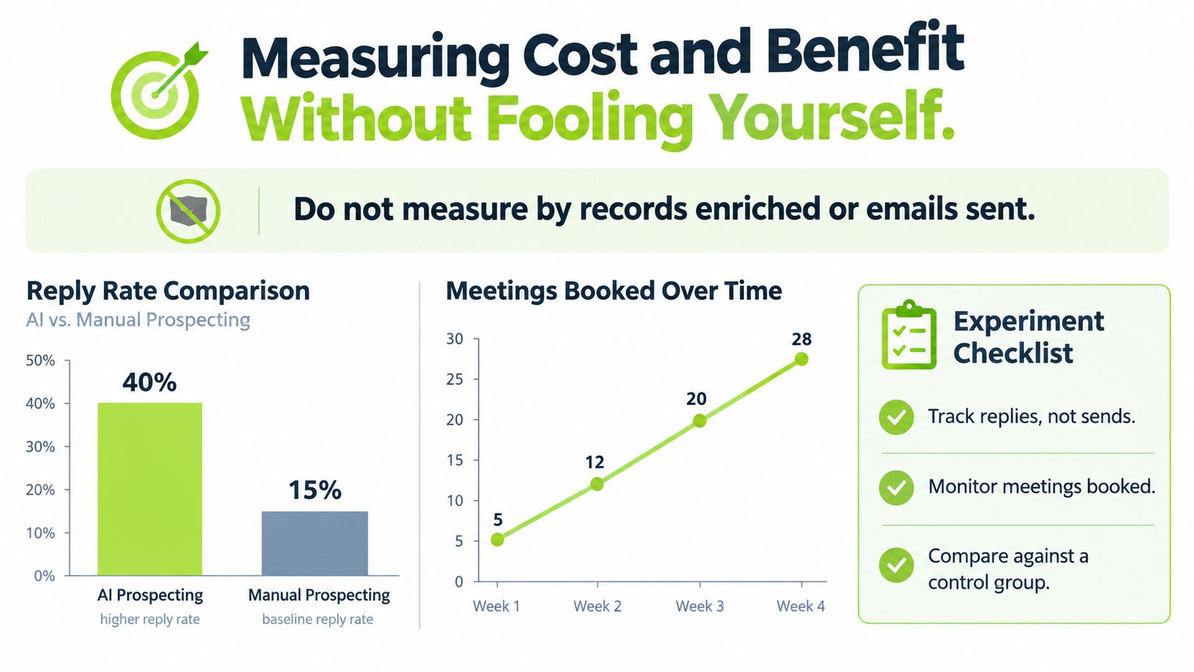 A chart comparing AI and manual sales prospecting, showing increased reply rates and meeting bookings over time.