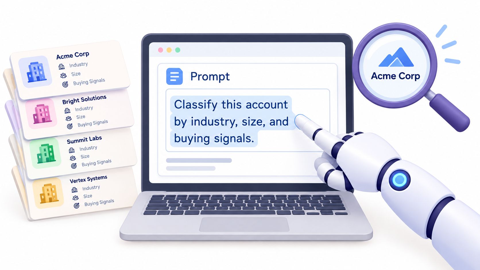 A robotic hand pointing to an AI prompt on a laptop screen for sales account classification.