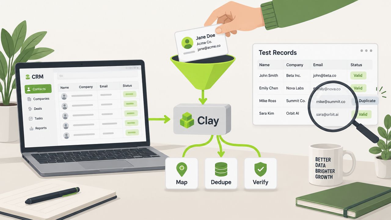 A digital illustration showing the Clay platform processes and enriches CRM data with mapping, deduplication, and verification.