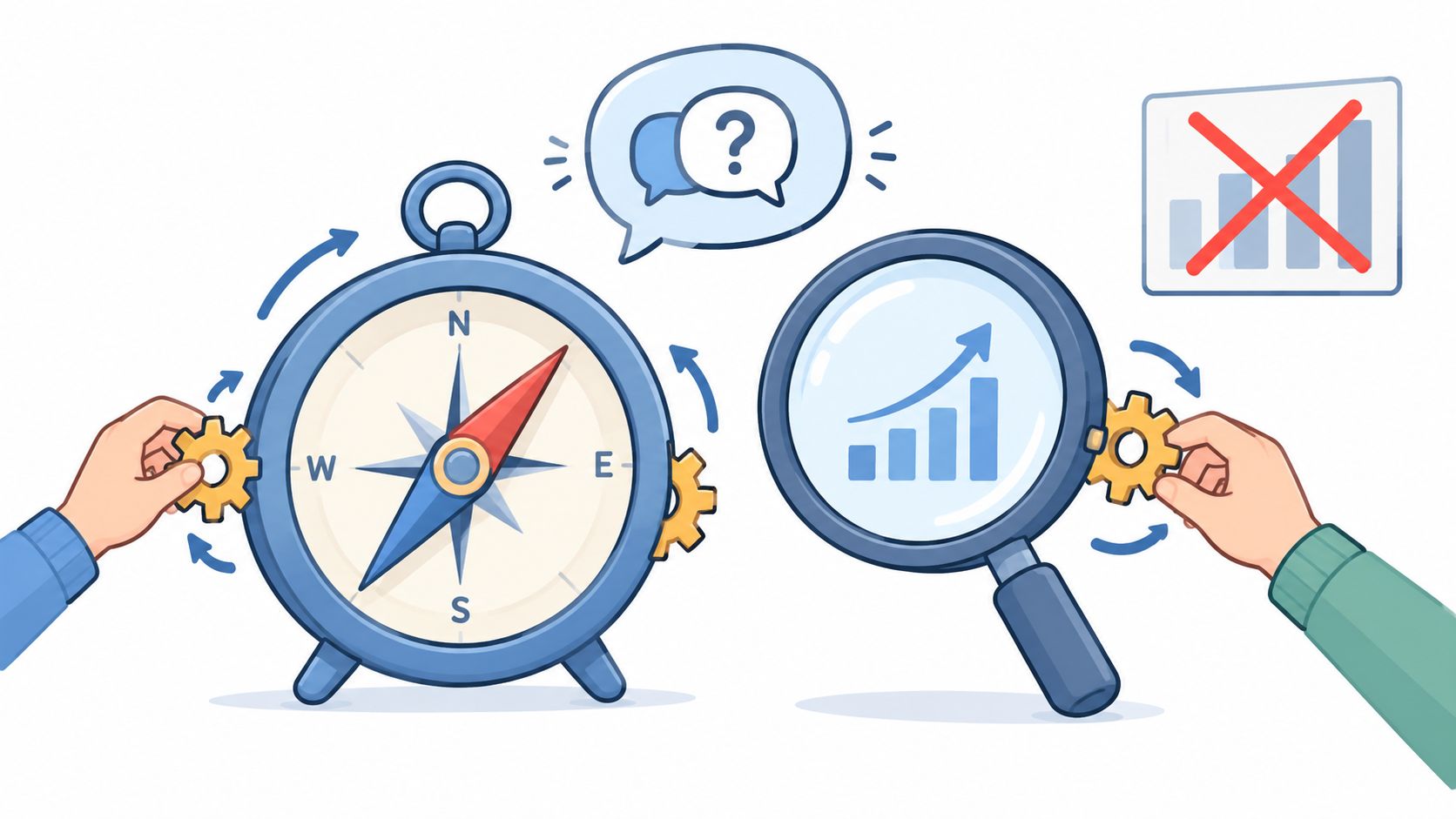 An illustration showing hands adjusting gears on a compass and a magnifying glass viewing growth charts.