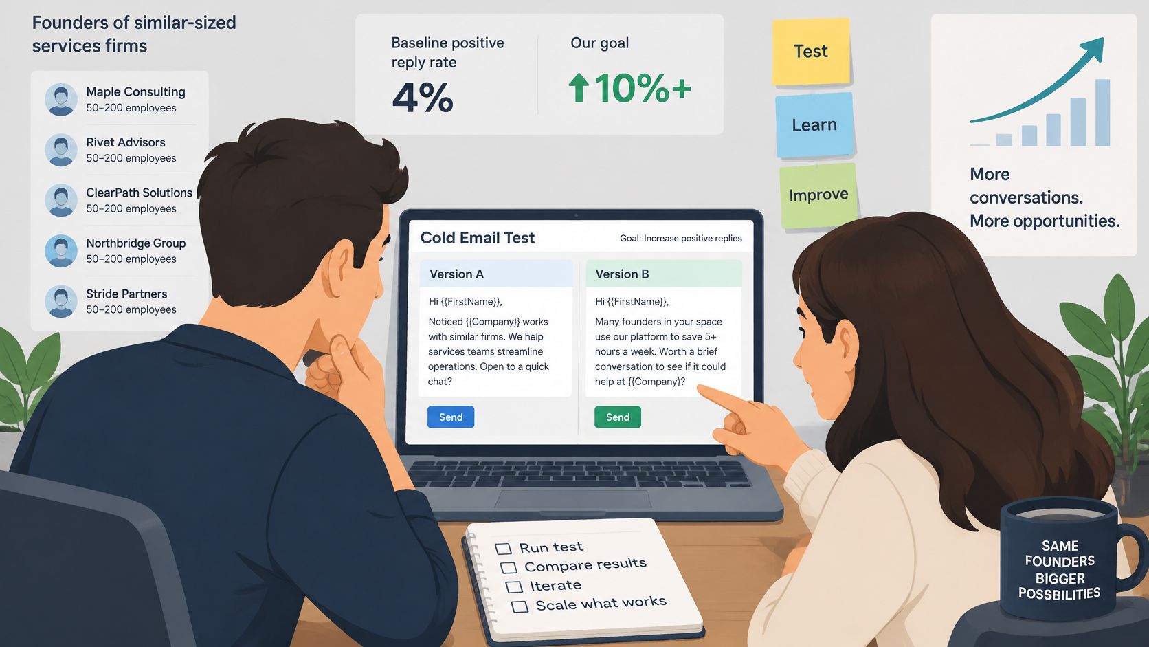 Two coworkers collaborating on a cold email split testing experiment for their B2B services business strategy.
