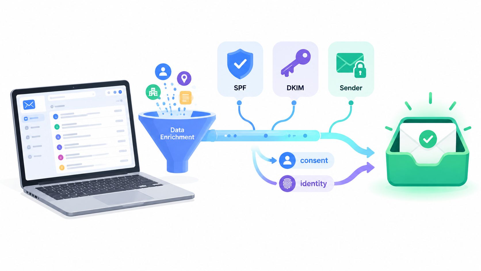 A digital illustration showing email data moving through a funnel for enrichment and security verification processes.