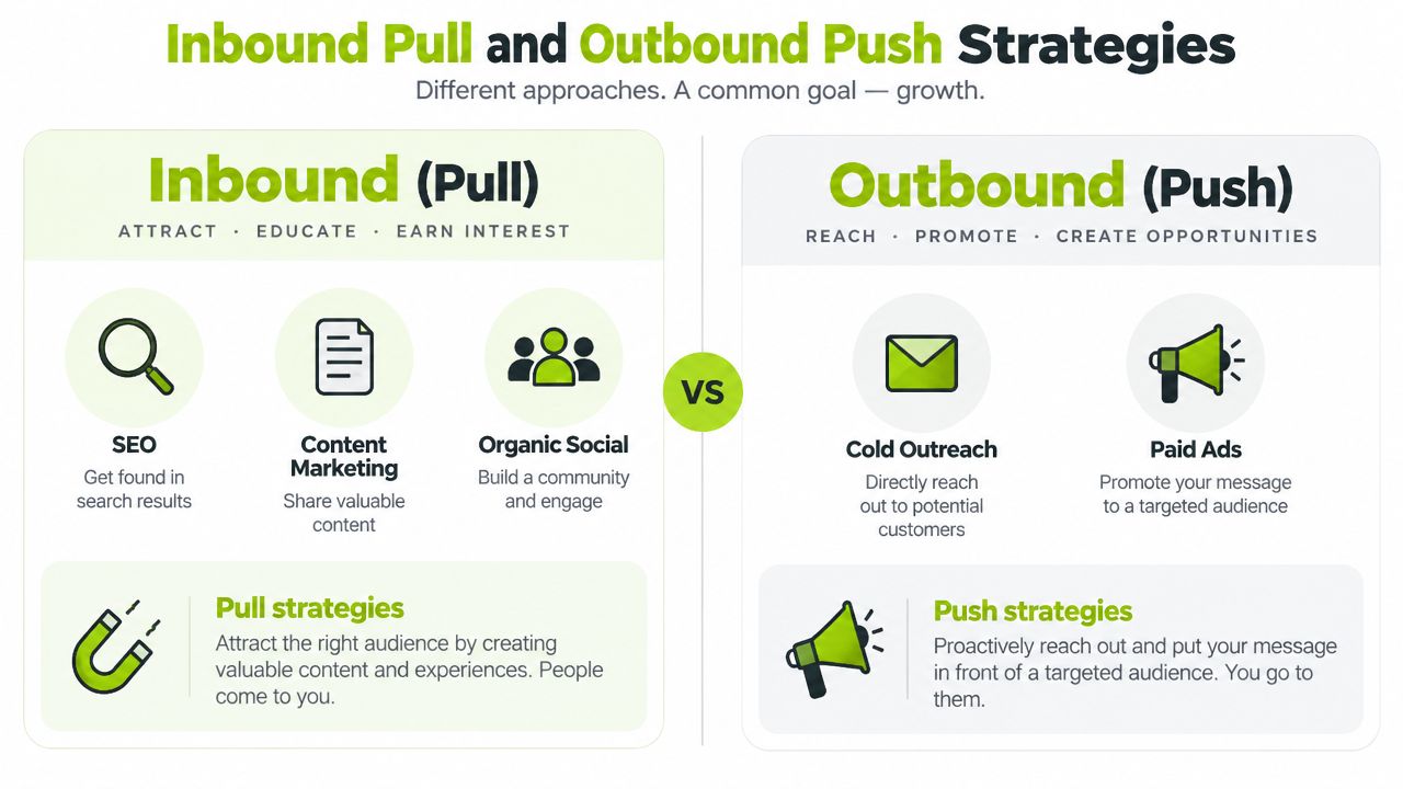 A comparison chart showing the differences between Inbound Pull and Outbound Push marketing strategies for growth.