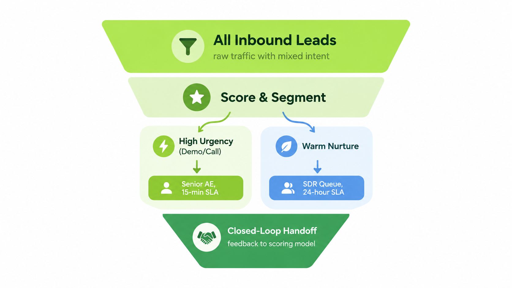 A diagram illustrating a lead follow up system funnel, from initial inbound leads to closed-loop handoff processes.
