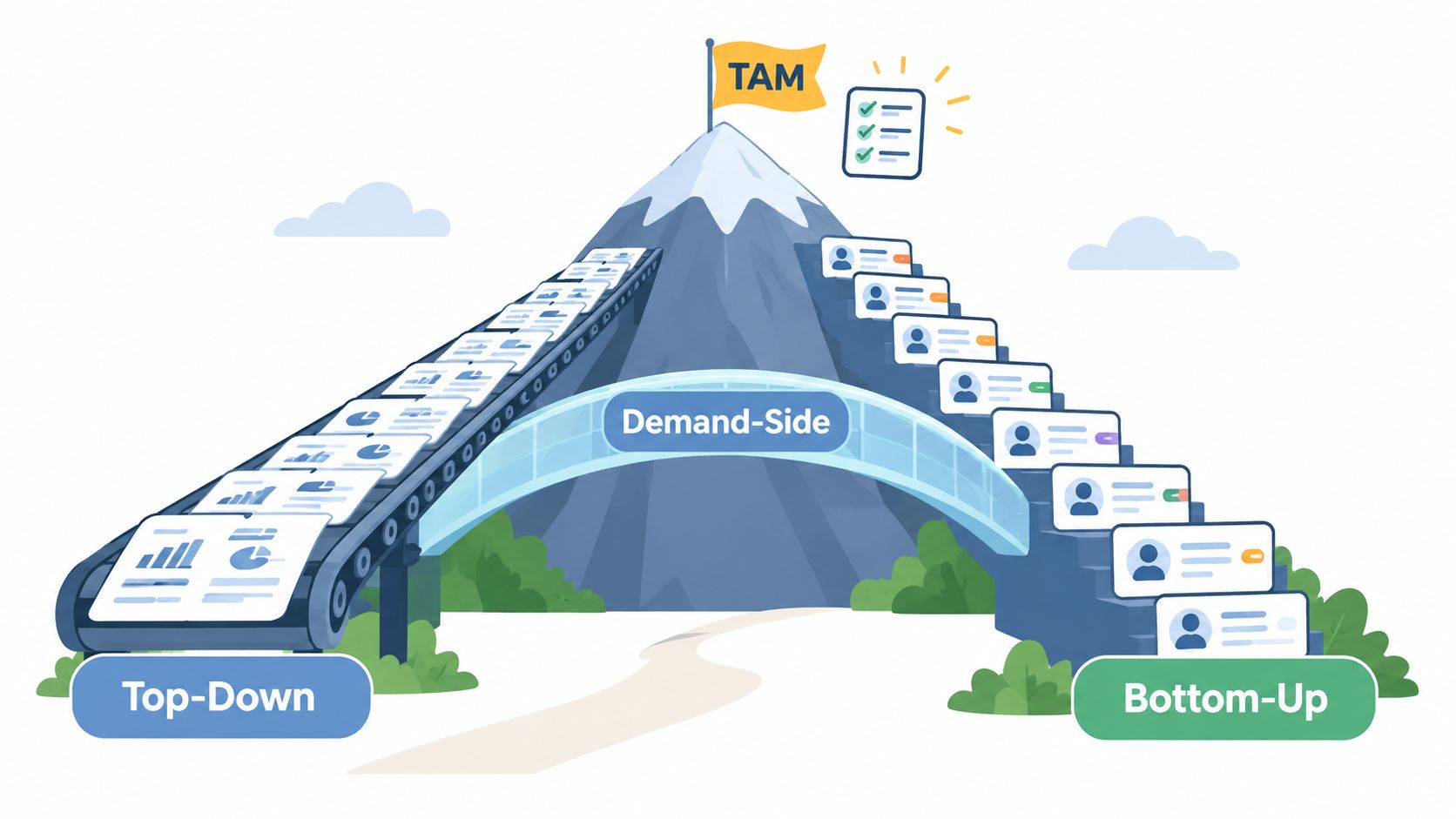 A diagram illustrating TAM calculation approaches using a mountain metaphor with top-down and bottom-up methodology paths.