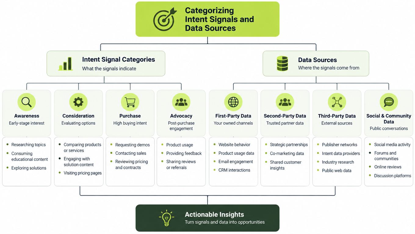 A diagram categorizing B2B intent signals and data sources to generate actionable business opportunities.