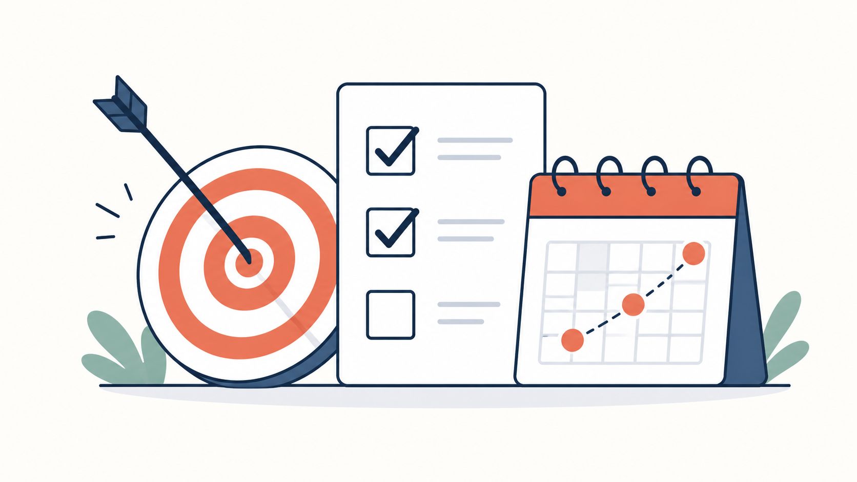 A conceptual illustration featuring a target with an arrow, a checklist, and a calendar showing growth.